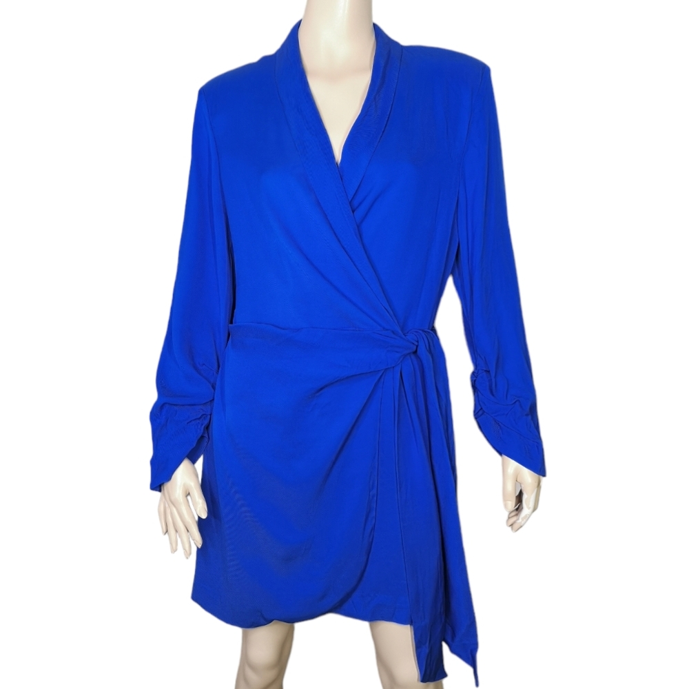 Zara Wrap Dress Blazer Cobalt Blue Long Sleeve Ruching V-Neck Lined Sexy Size XL
